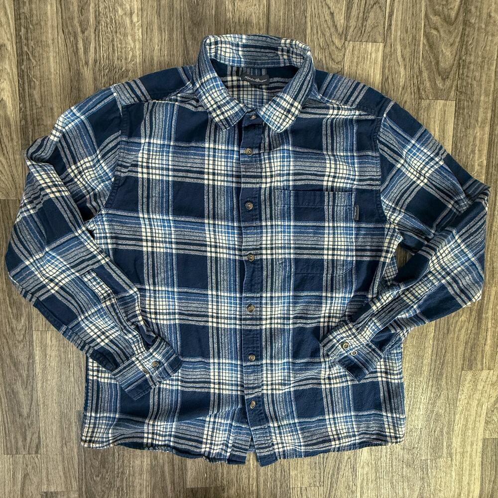 Eddie Bauer Plaid Flannel Shirt Mens L Blue White Long Sleeve Cotton Button Up